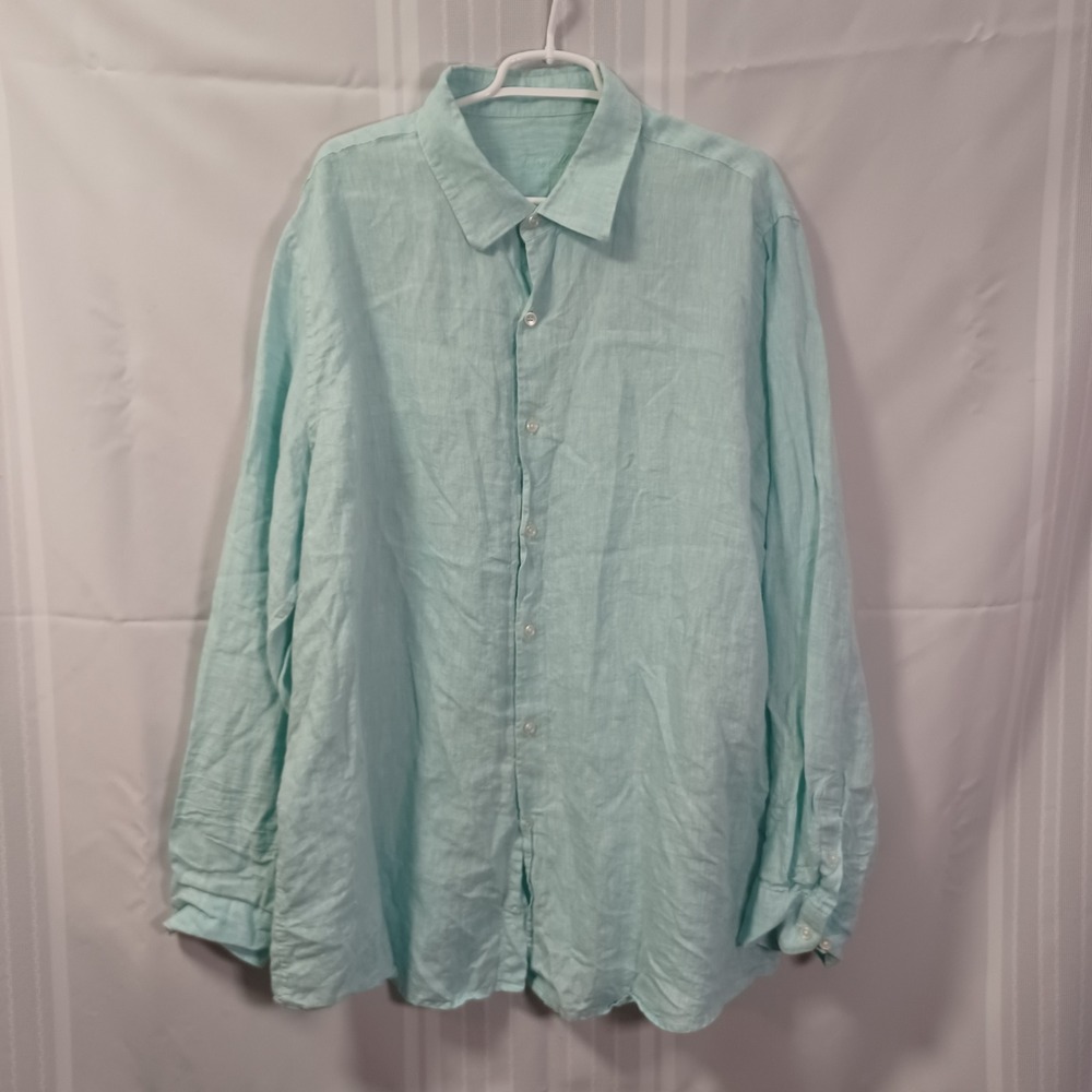 Tasso Elba Shirt Mens 3XL Aqua Blue 100% Linen Button Down Long Sleeve 100014524